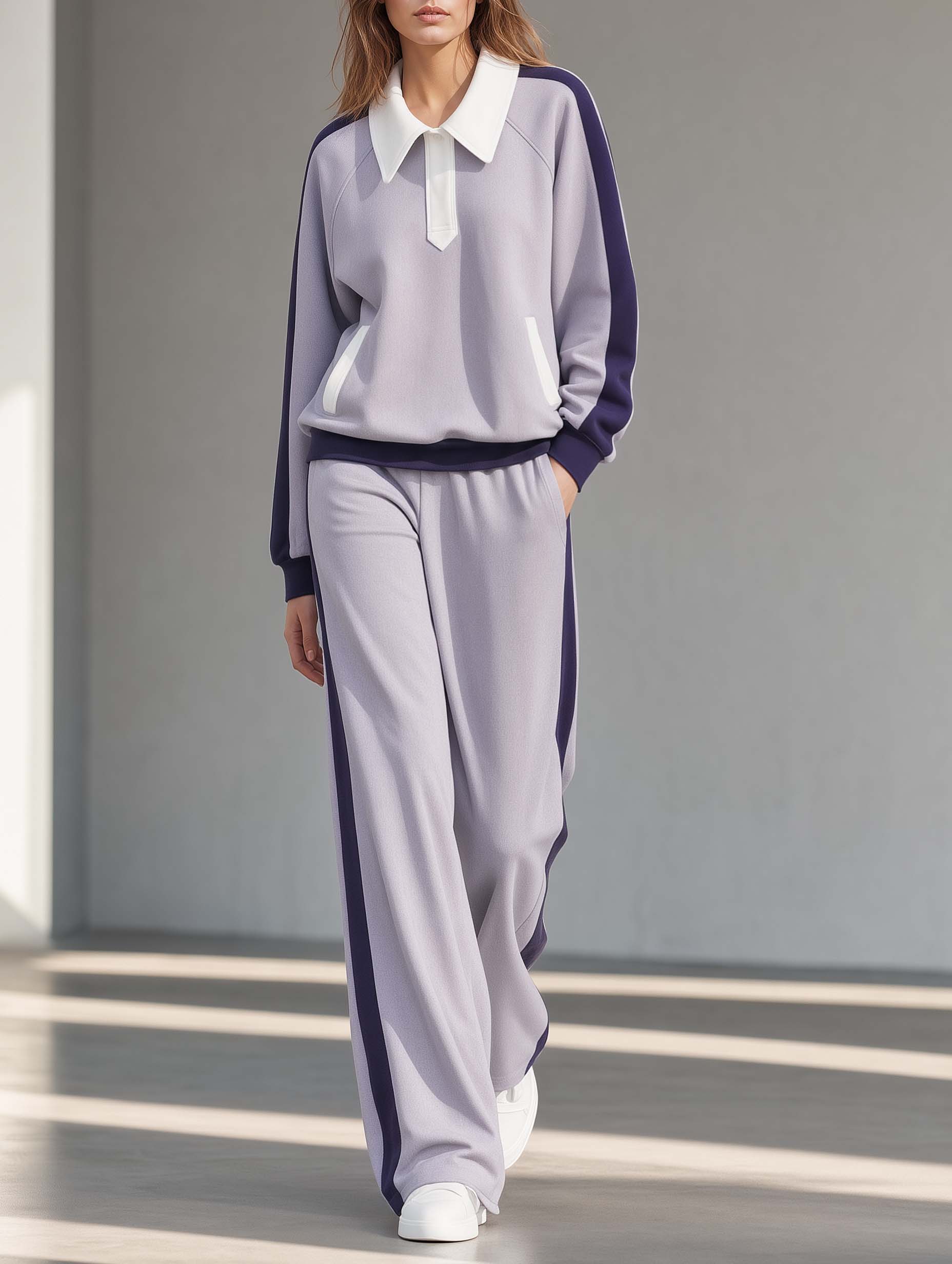 Purple Color-block Athleisure Set Featuring A Long-sleeve Top And Wide-leg Pants