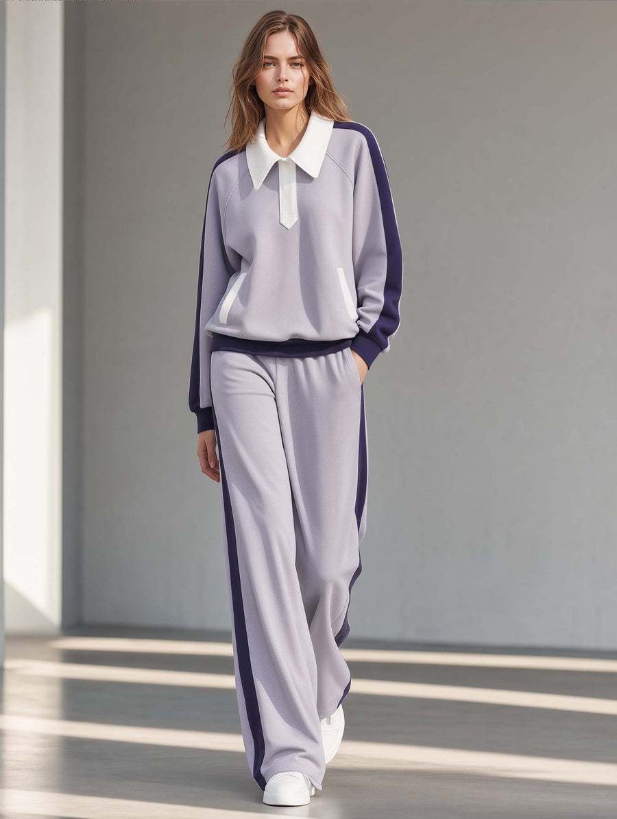 Purple Color-block Athleisure Set Featuring A Long-sleeve Top And Wide-leg Pants