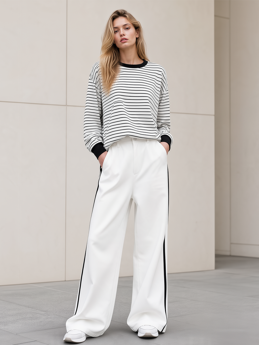Black‑White Stripe Drop‑Shoulder Top Side‑Stripe Wide Leg Pants Set
