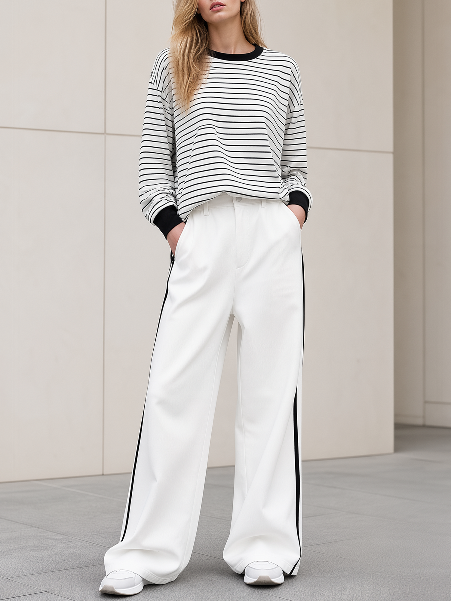 Black‑White Stripe Drop‑Shoulder Top Side‑Stripe Wide Leg Pants Set