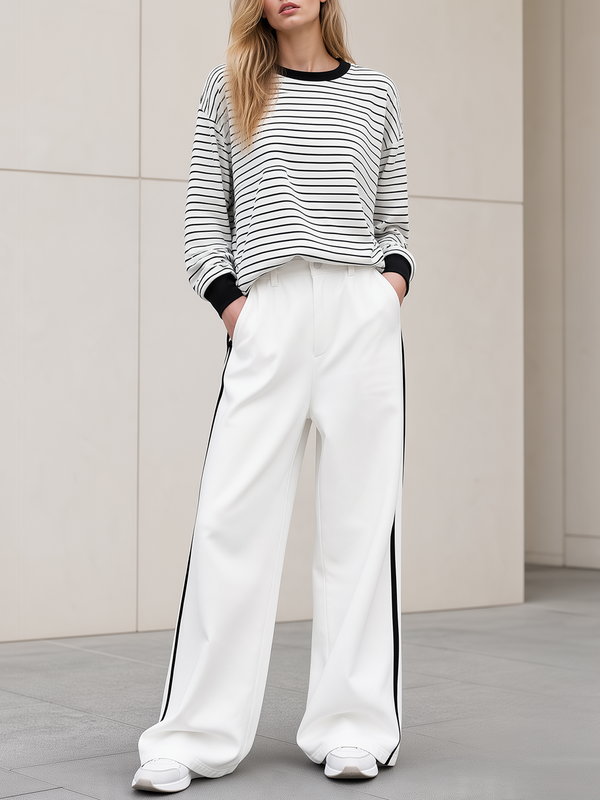 Black‑White Stripe Drop‑Shoulder Top Side‑Stripe Wide Leg Pants Set