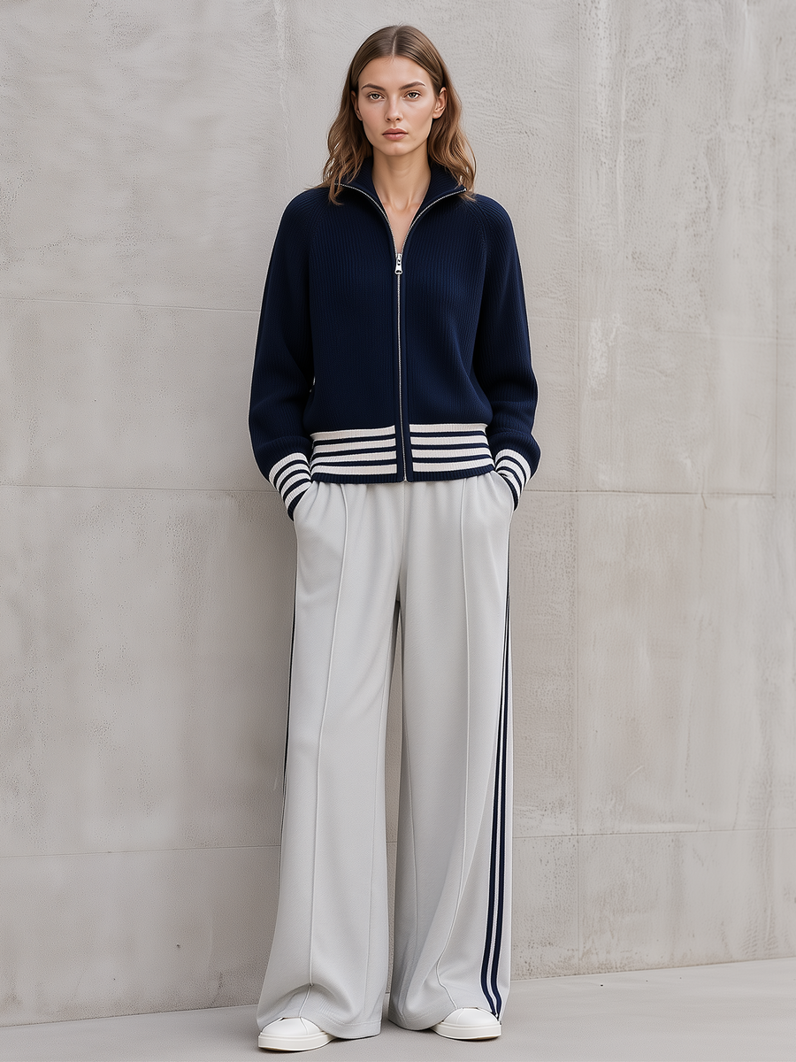 Navy Stripe Zip‑Up Knit Jacket Light Grey Side‑Stripe Wide Leg Pants Set