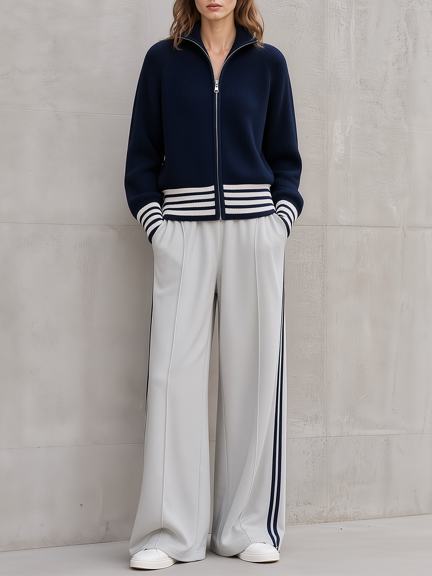 Navy Stripe Zip‑Up Knit Jacket Light Grey Side‑Stripe Wide Leg Pants Set