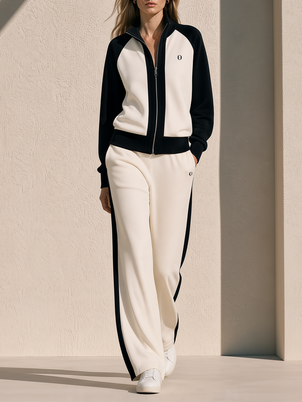 Off-white And Black Raglan-sleeve Casual Tracksuit With Embroidered Lettering And Zip-up Top