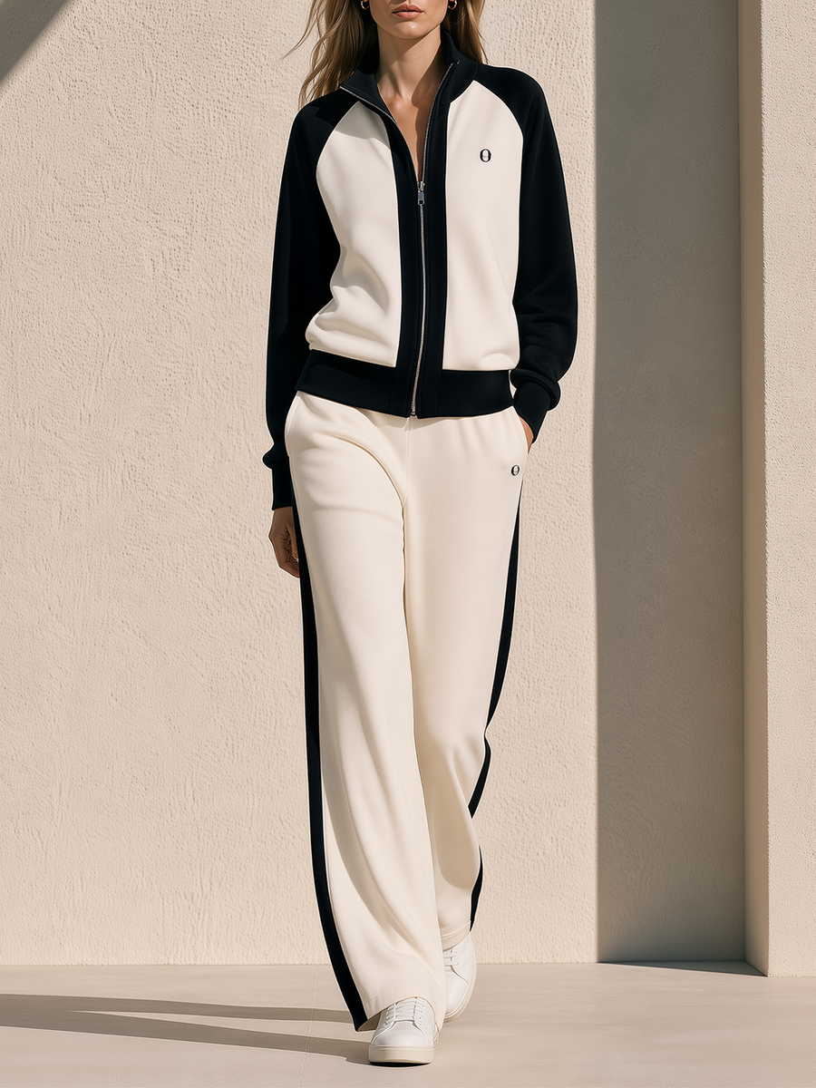 Off-white And Black Raglan-sleeve Casual Tracksuit With Embroidered Lettering And Zip-up Top