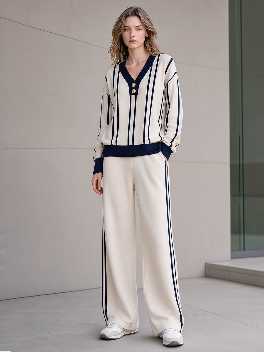 Off‑White Navy Vertical‑Stripe V‑Neck Gold‑Button Knit Wide Leg Pants Set