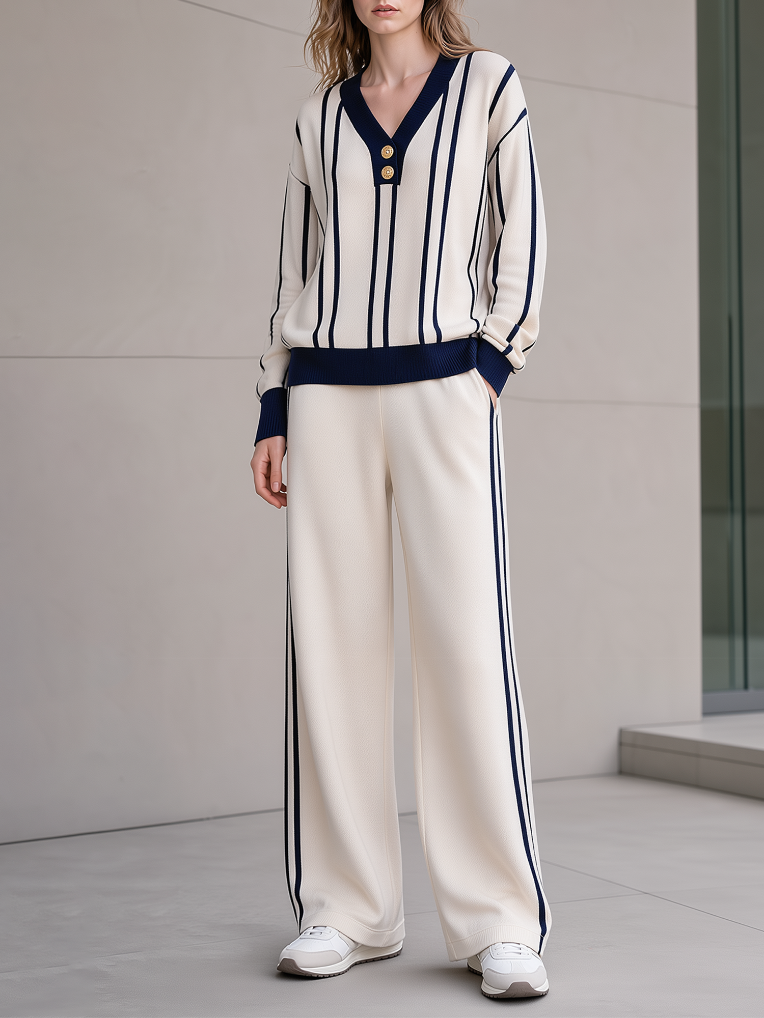 Off‑White Navy Vertical‑Stripe V‑Neck Gold‑Button Knit Wide Leg Pants Set