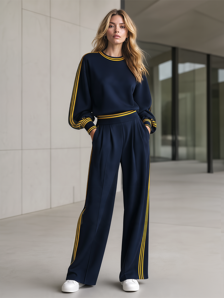 Navy Color-block Striped Drop-shoulder Top And Wide-leg Trousers Set