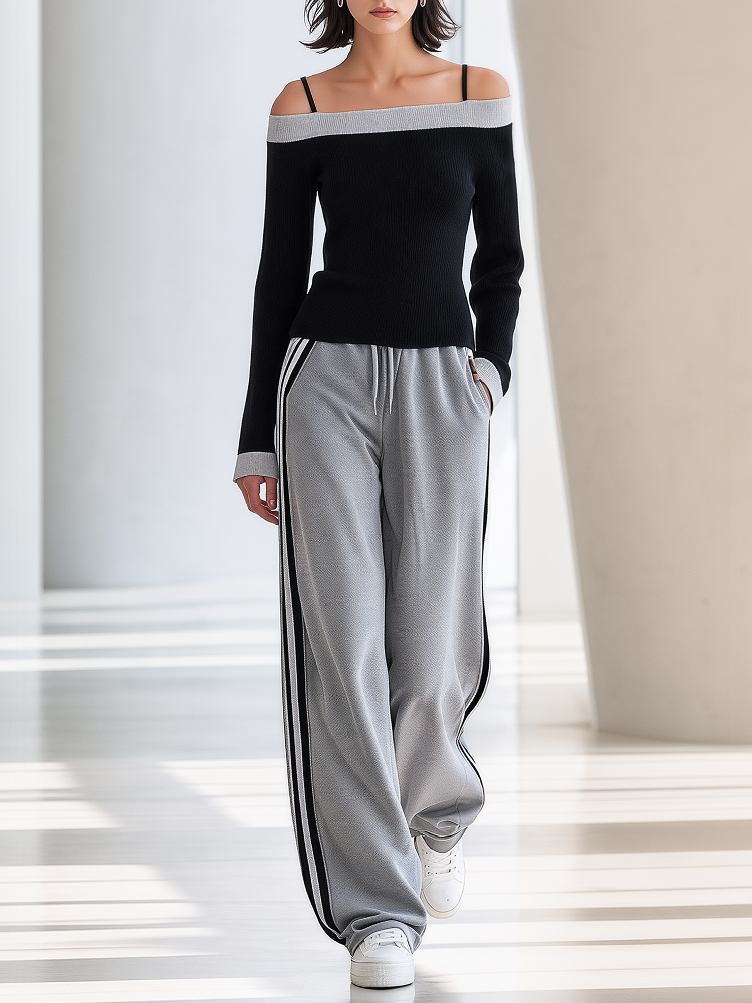 Black‑Grey Contrast Off‑Shoulder Knit Top Side‑Stripe Wide Leg Pants Set