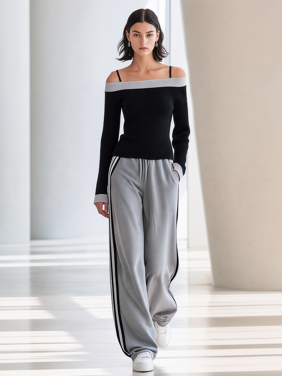 Black‑Grey Contrast Off‑Shoulder Knit Top Side‑Stripe Wide Leg Pants Set