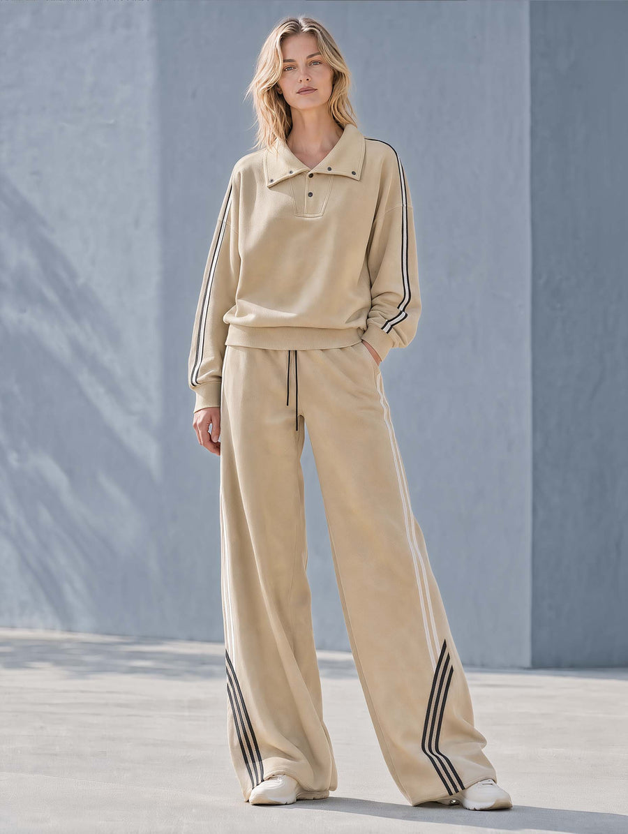 Stylish Sporty Khaki Collared Long-sleeve Top And Wide-leg Trousers Set