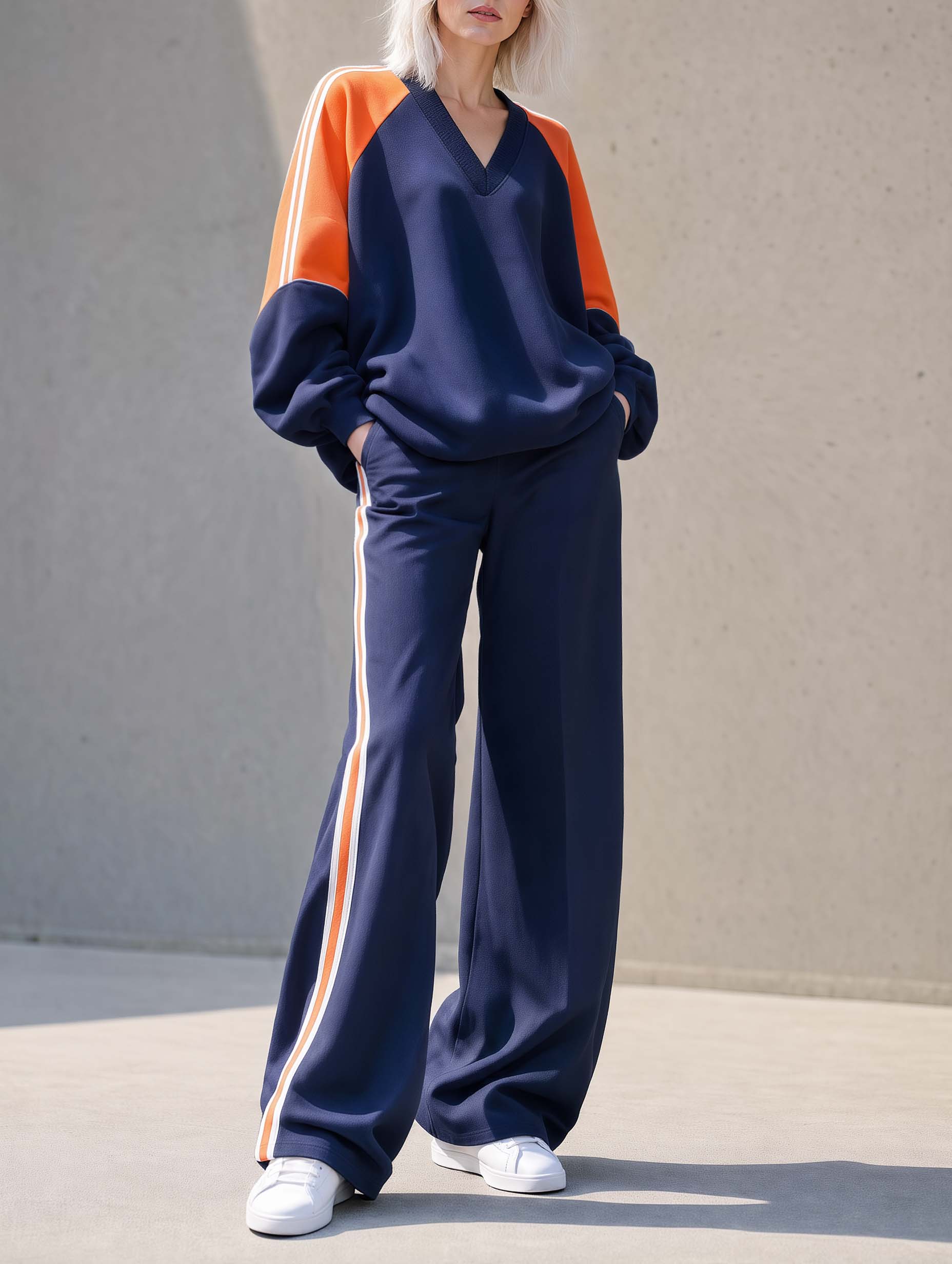 Athleisure-style Navy V-neck Color-block Long-sleeve Top And Wide-leg Pants Set