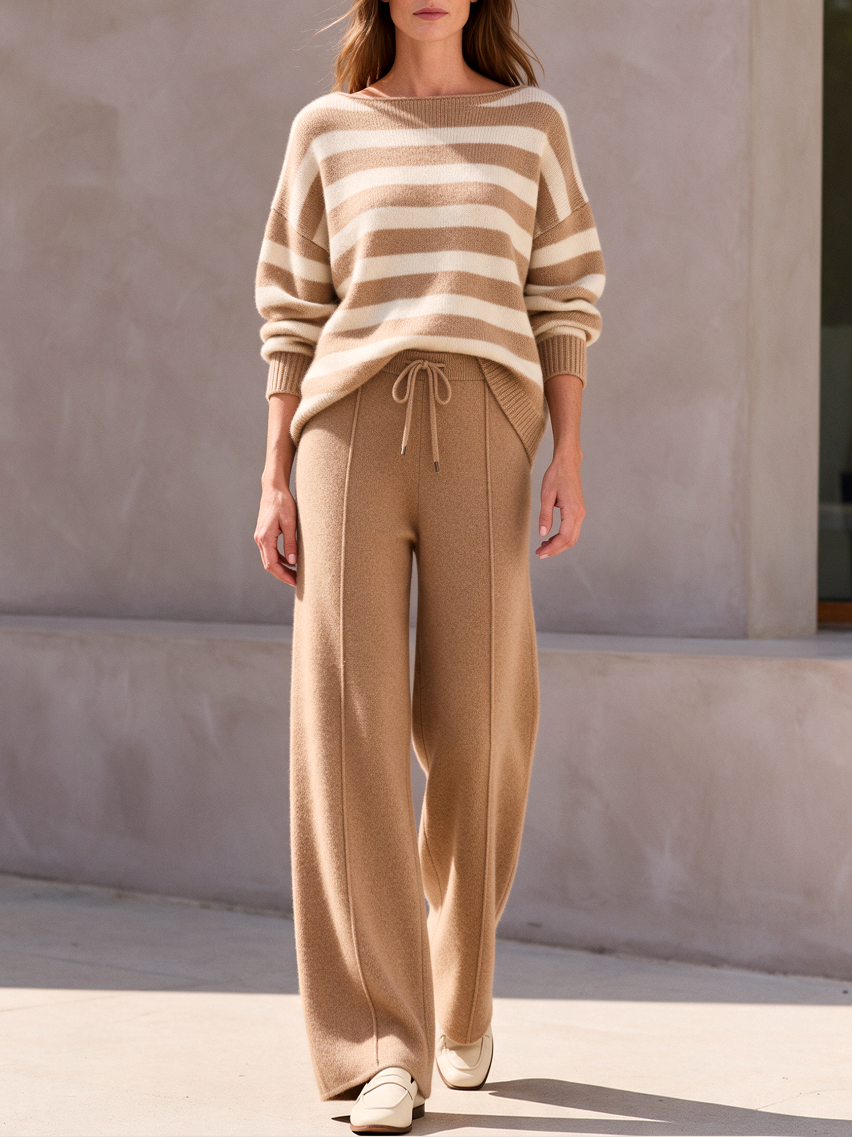 Boat-neck Striped Sweater And Wide-leg Trousers Set