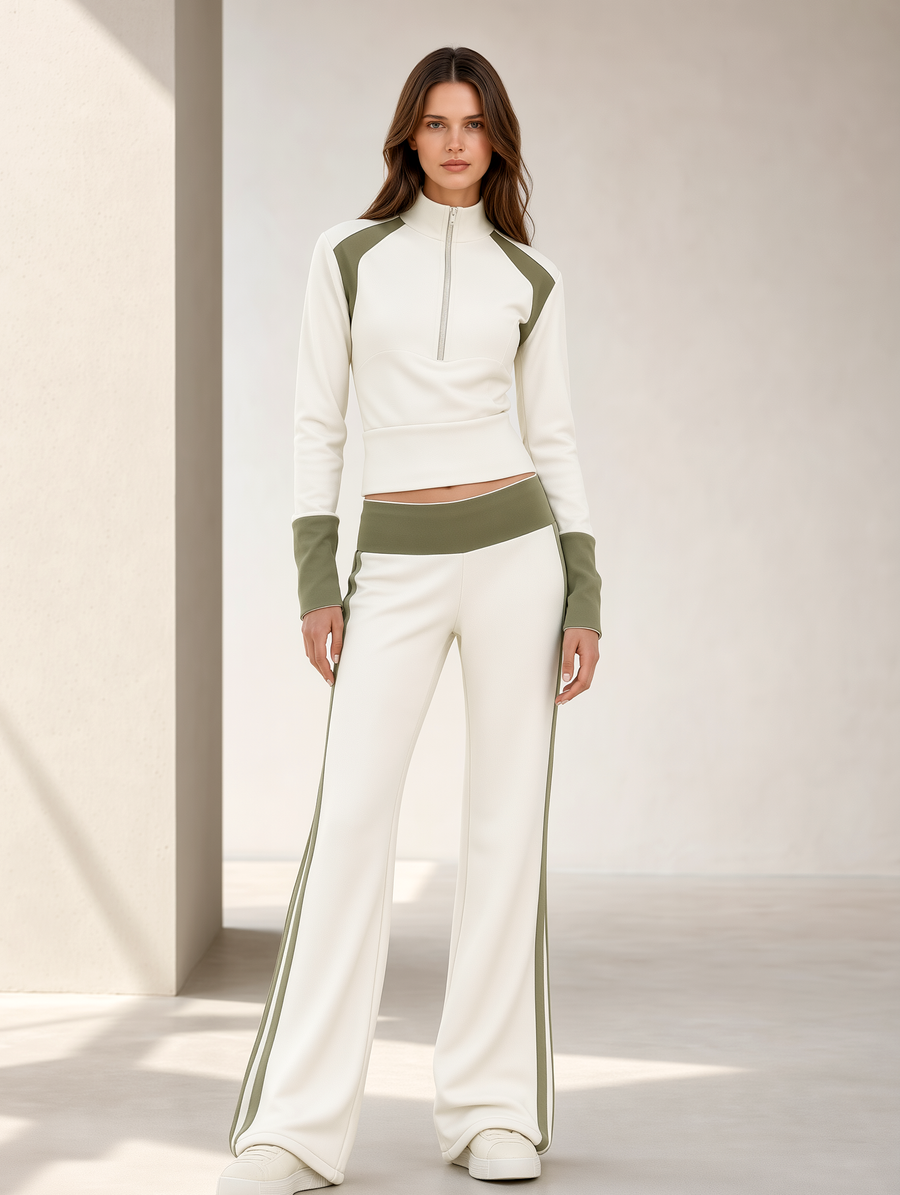 Off-white Color-block Half-zip Top And Slight-flare Trousers Set