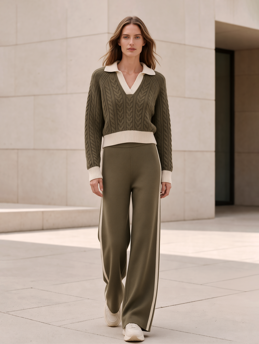 Army Green Cable-knit Sweater And Wide-leg Trousers Set