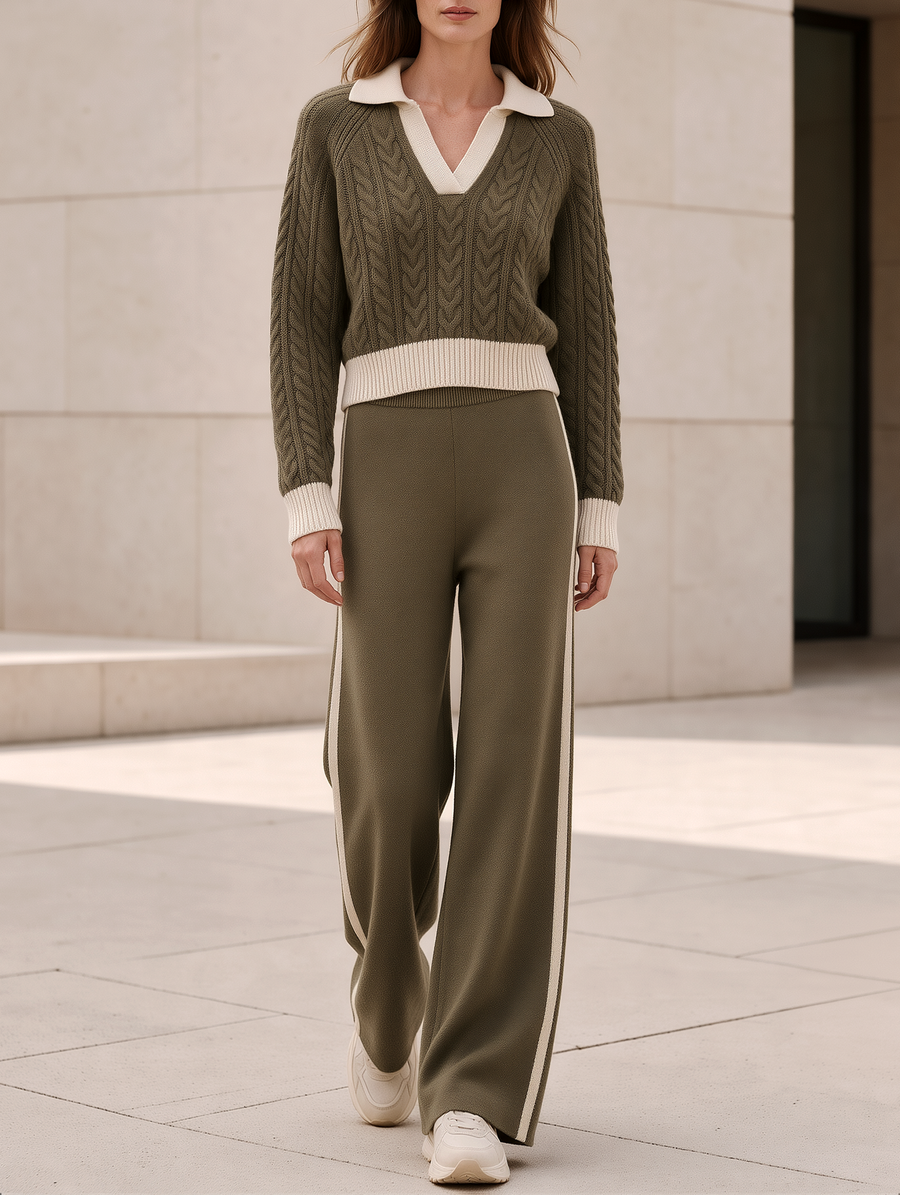 Army Green Cable-knit Sweater And Wide-leg Trousers Set