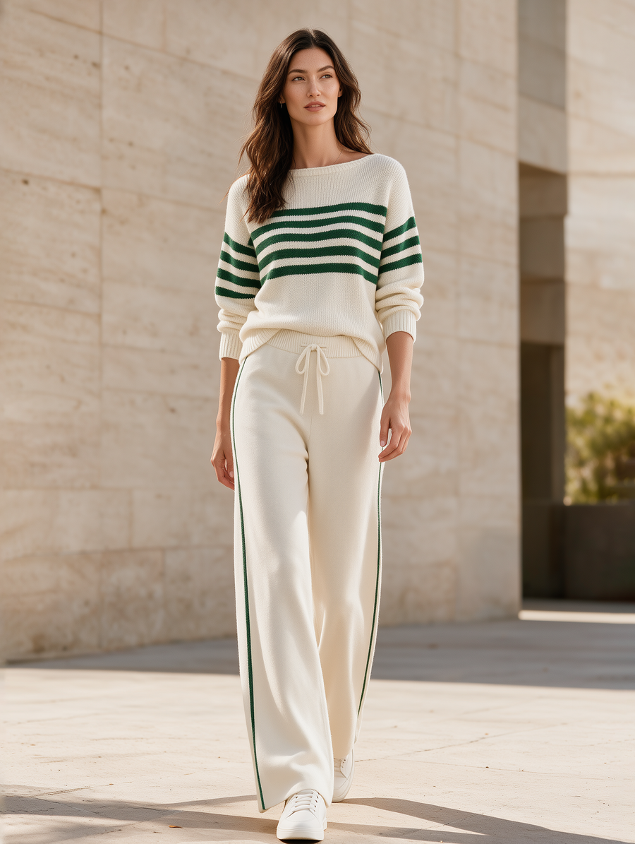 Horizontal-stripe Knit Sweater And Wide-leg Trousers Set