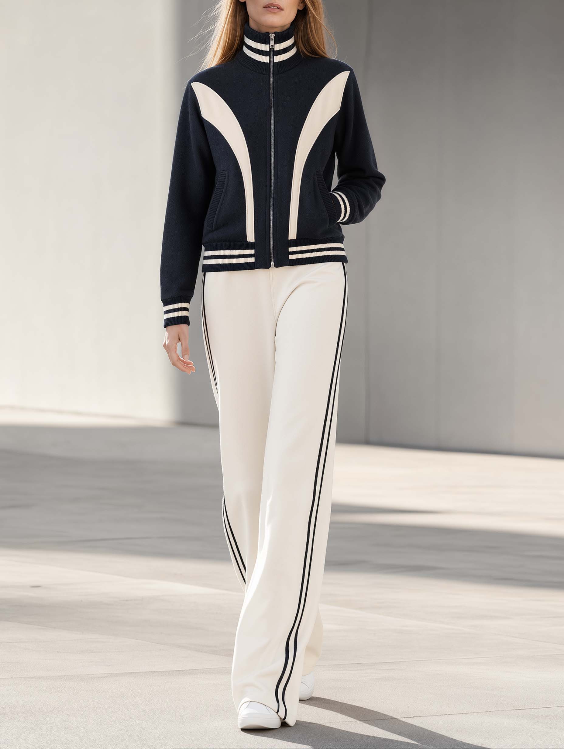 Black And White Color-Block Long-Sleeve Jacket And Trousers Set – Stylish Workwear Style