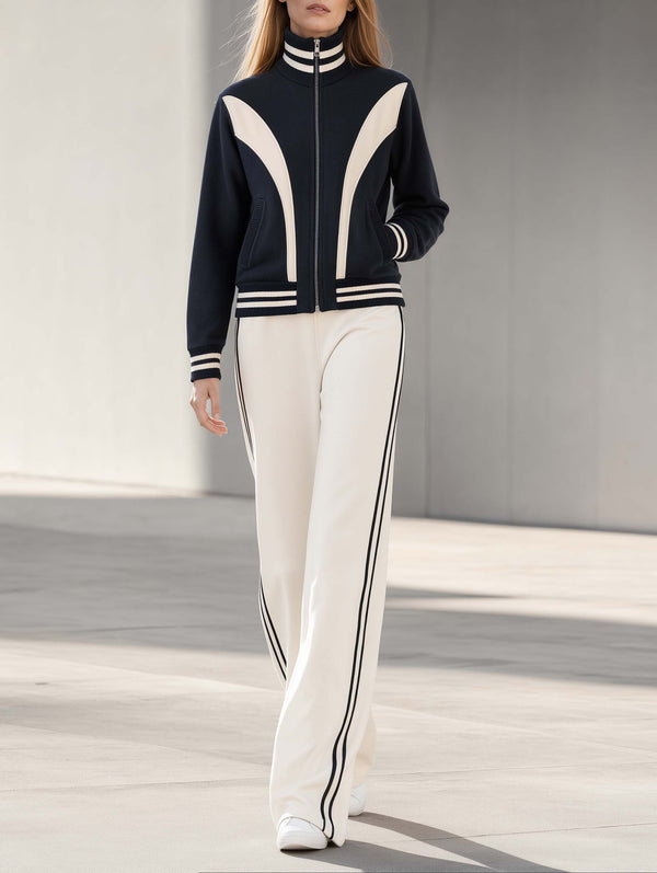 Black And White Color-Block Long-Sleeve Jacket And Trousers Set – Stylish Workwear Style