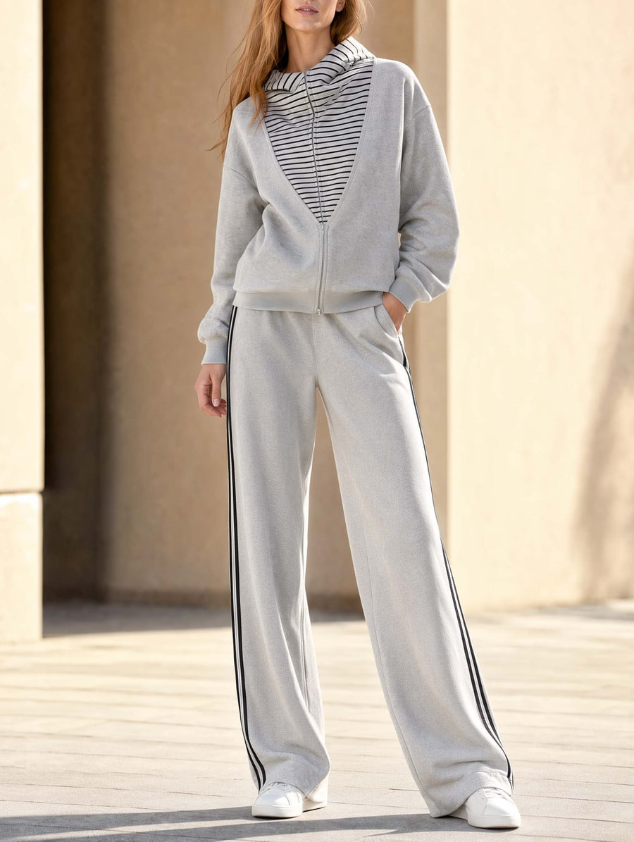 Grey Color-blocked Striped Long-sleeve Hooded Jacket And Wide-leg Pants Set