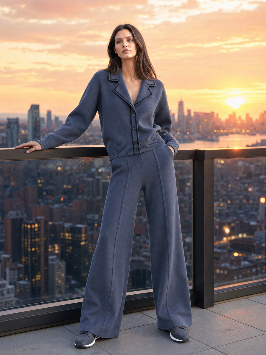Hazy Blue Collared Knit Top And Wide-leg Trousers Set
