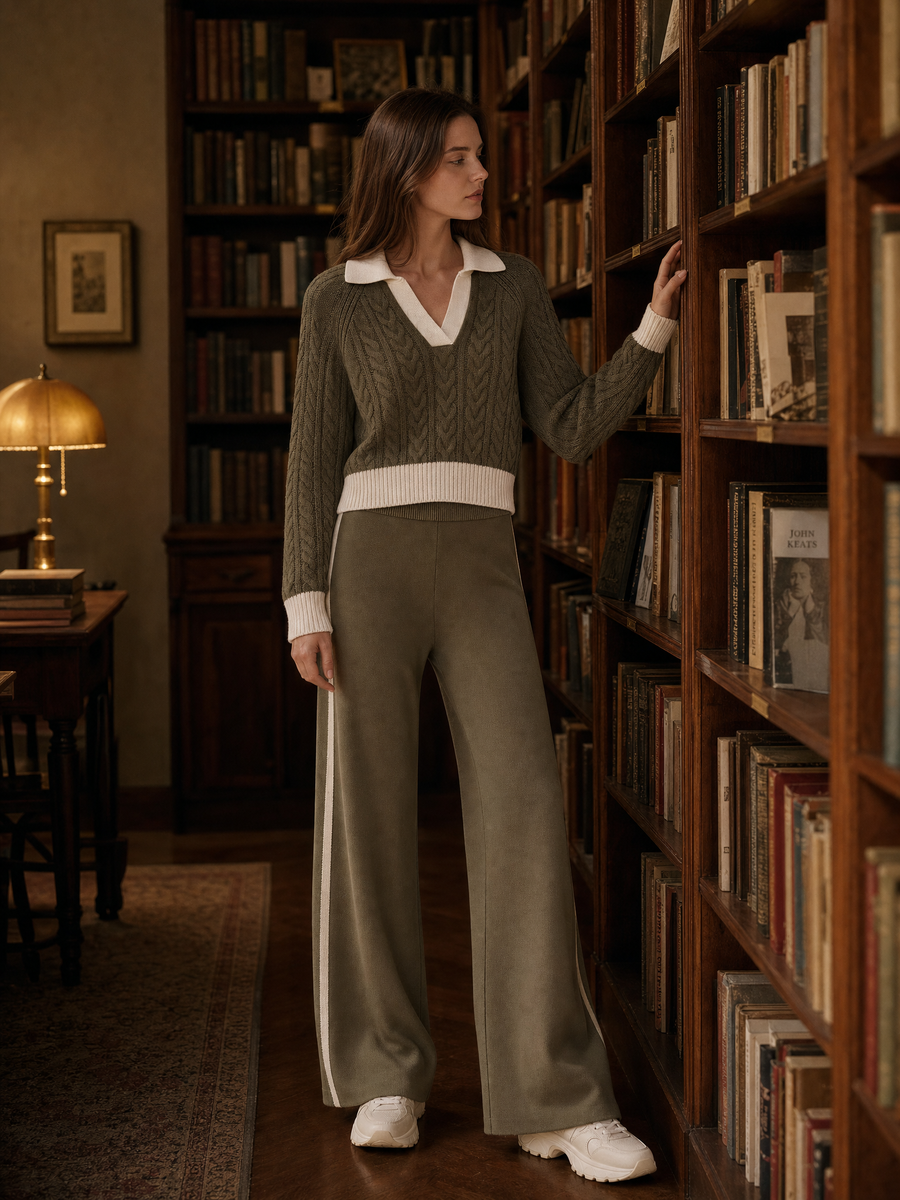Army Green Cable-knit Sweater And Wide-leg Trousers Set