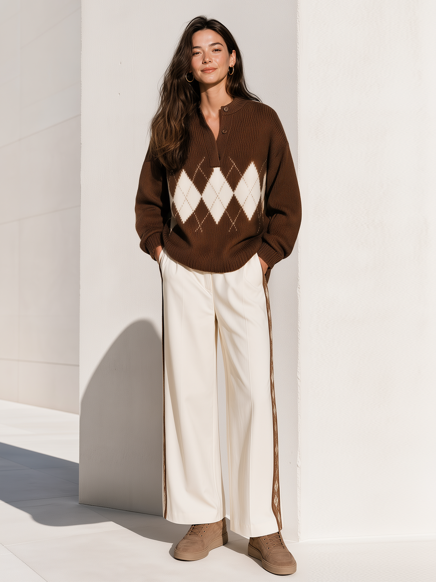 Brown‑White Argyle Henley Knit Top Side‑Tape Off‑White Wide Leg Pants Set