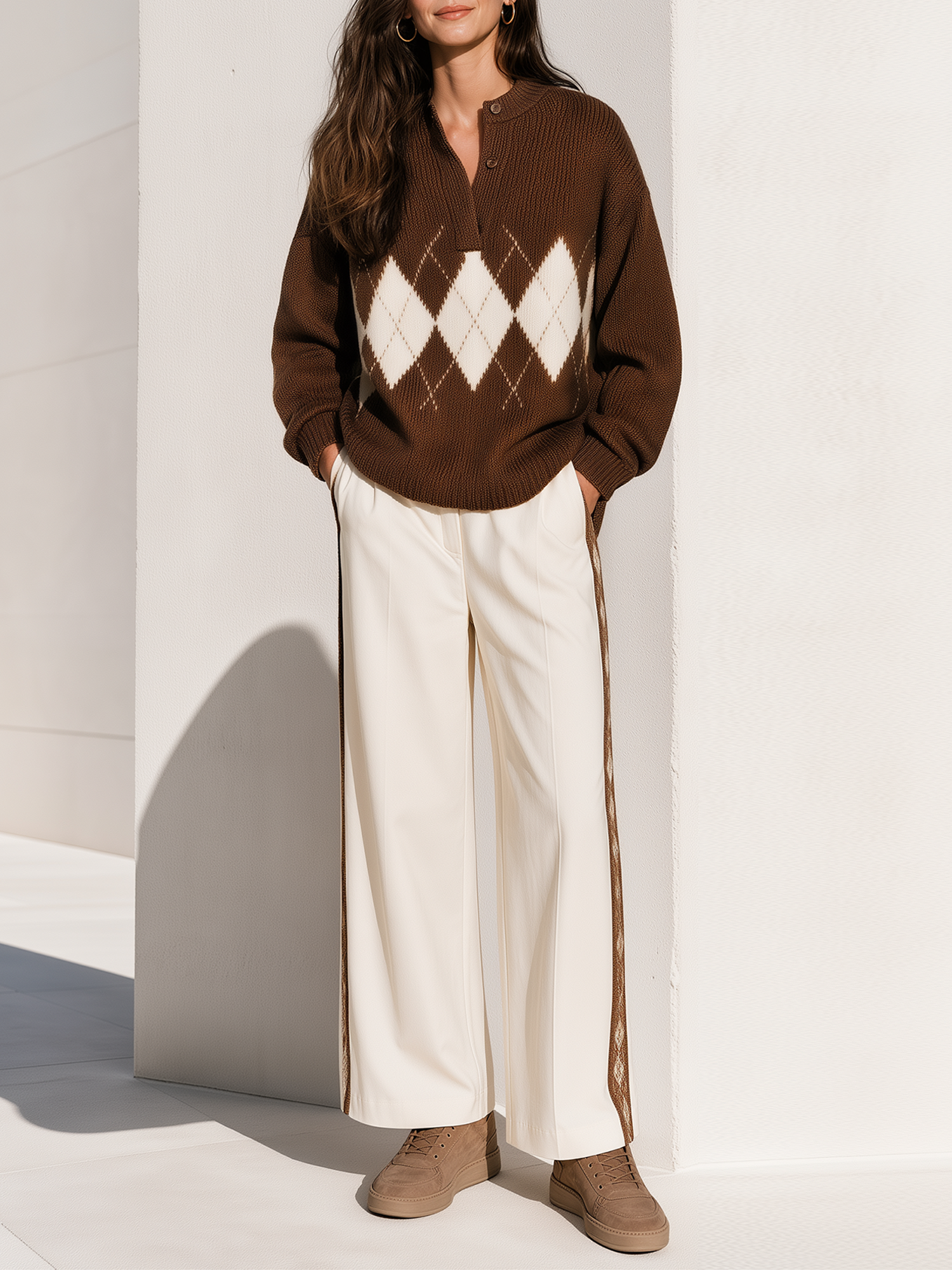 Brown‑White Argyle Henley Knit Top Side‑Tape Off‑White Wide Leg Pants Set