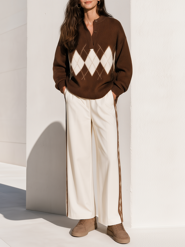 Brown‑White Argyle Henley Knit Top Side‑Tape Off‑White Wide Leg Pants Set