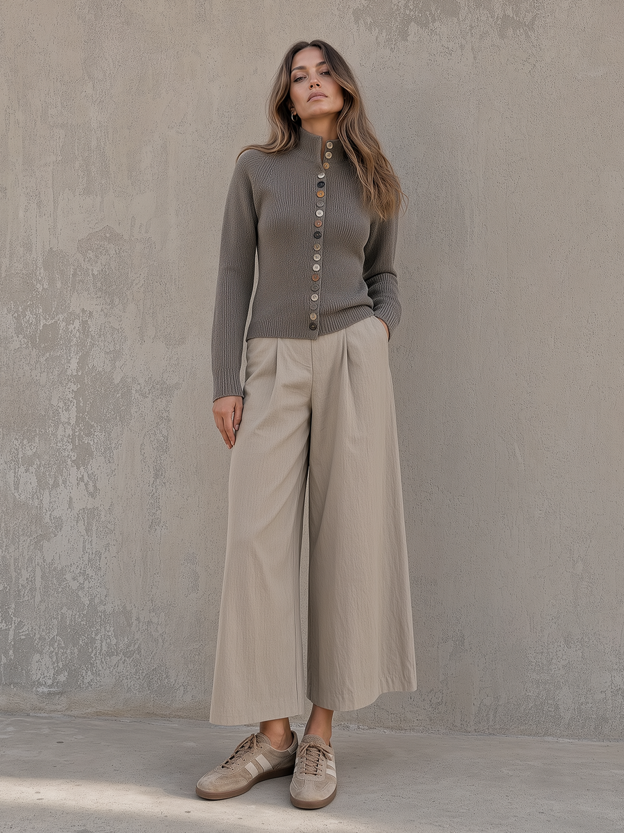 Grey Button-Front Knit Cardigan & Beige Wide-Leg Pants Set