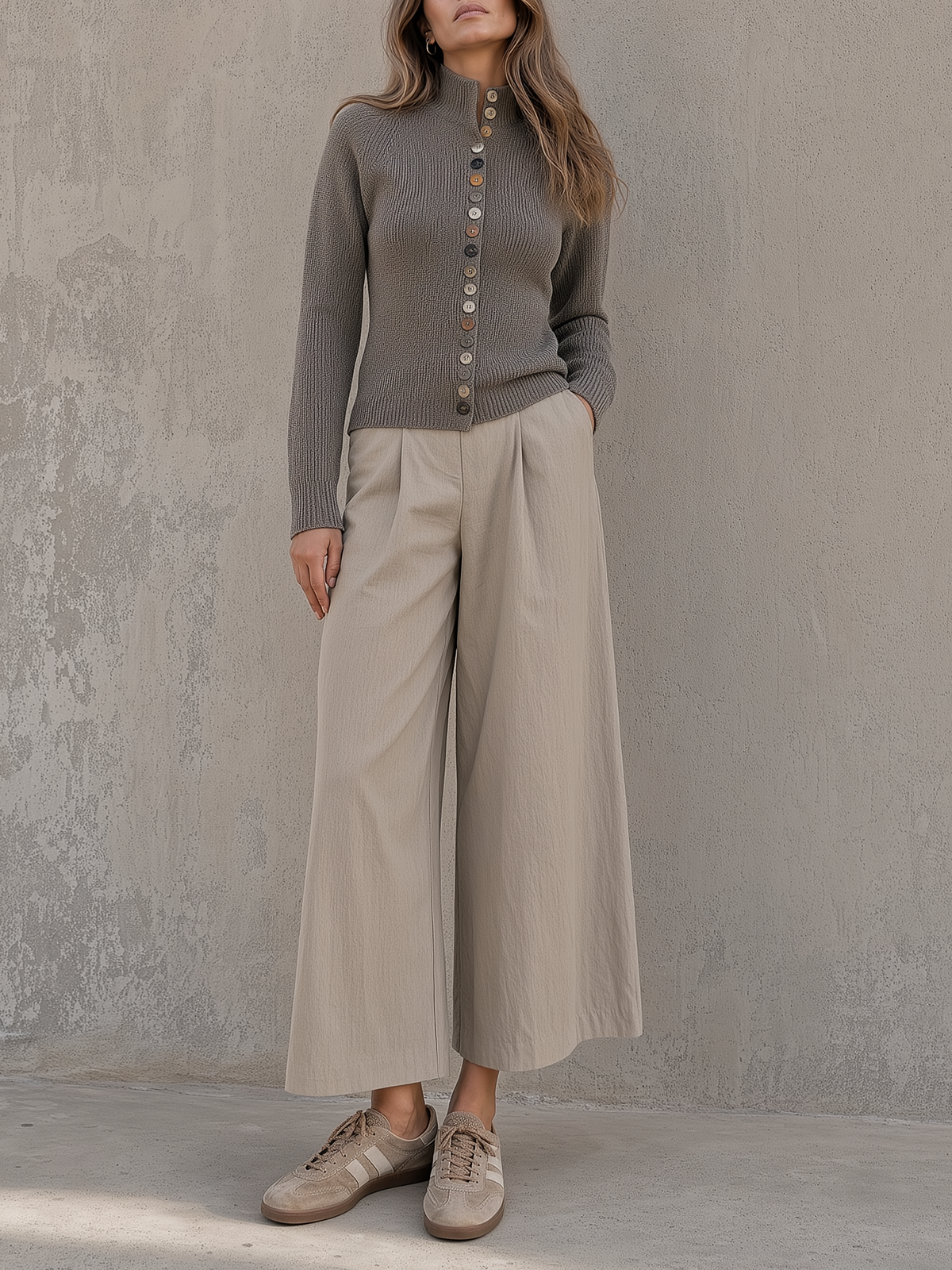 Grey Button-Front Knit Cardigan & Beige Wide-Leg Pants Set