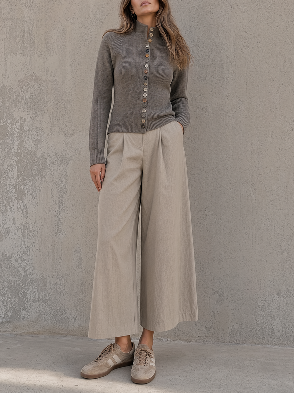 Grey Button-Front Knit Cardigan & Beige Wide-Leg Pants Set