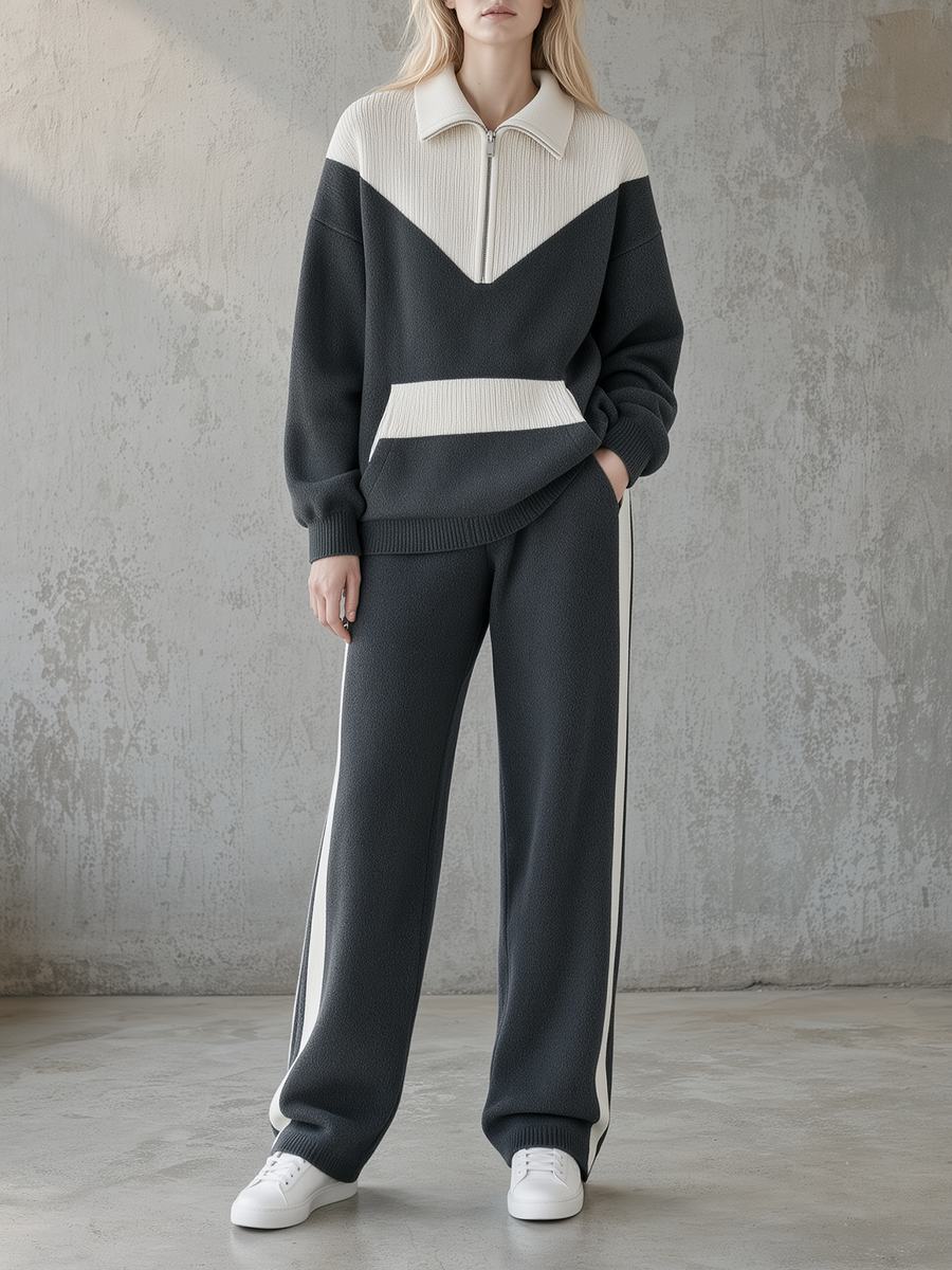 Charcoal Color-Block Half-Zip Knit Top & Side-Stripe Pants Set