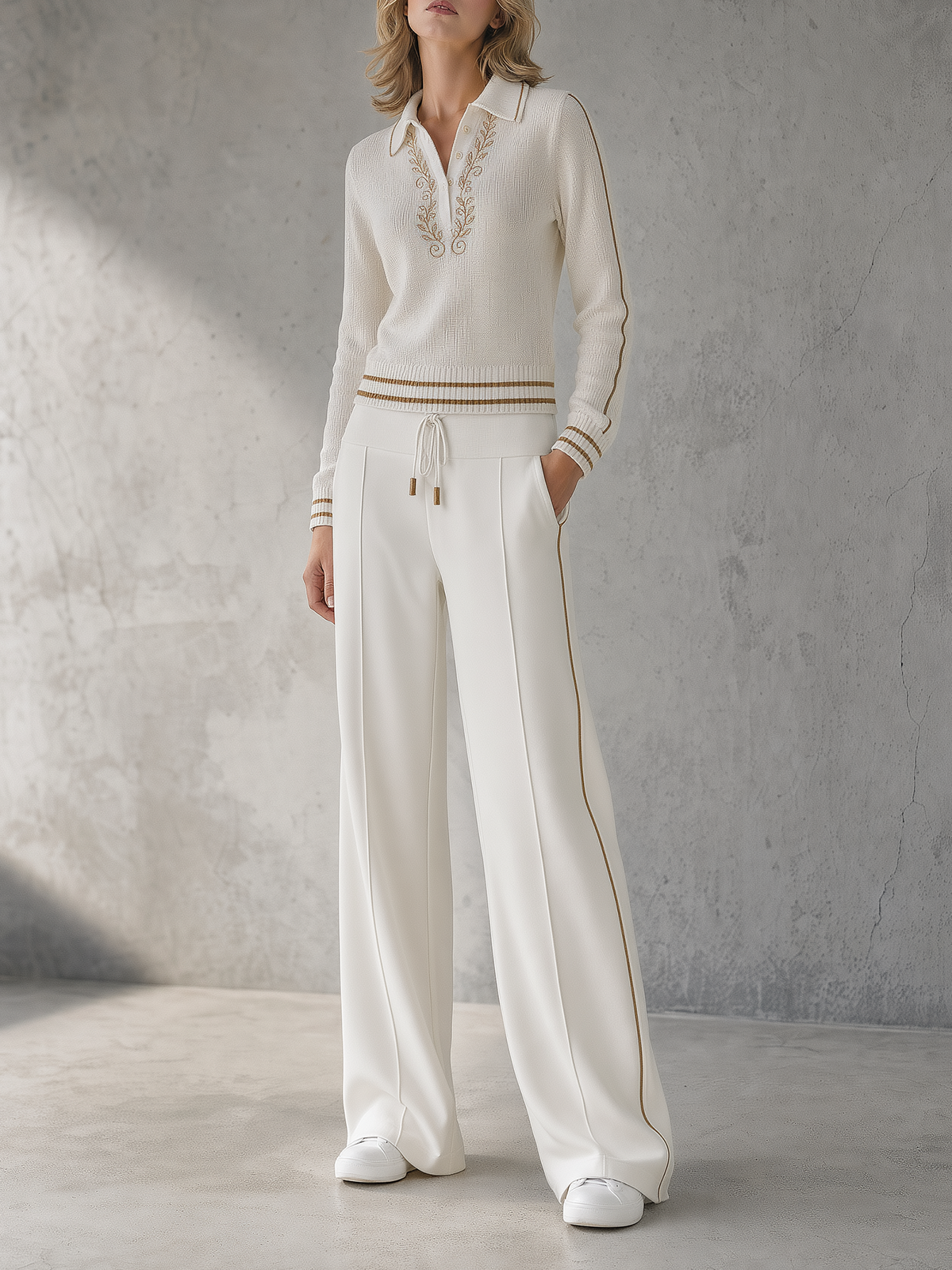 Off-White Embroidered Knit Polo & Wide-Leg Pants Set