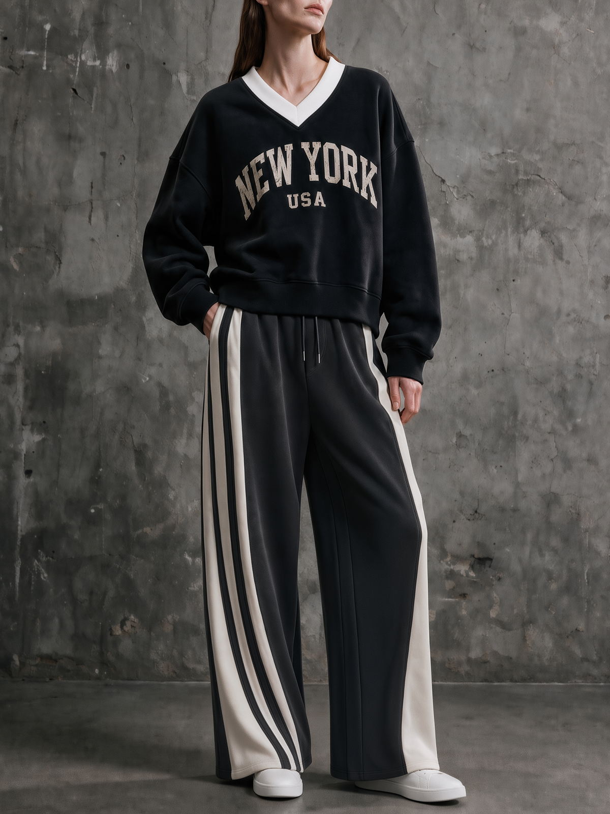 Striped Ribbed Knit Top & Black Pinstripe Wide-Leg Pants Set