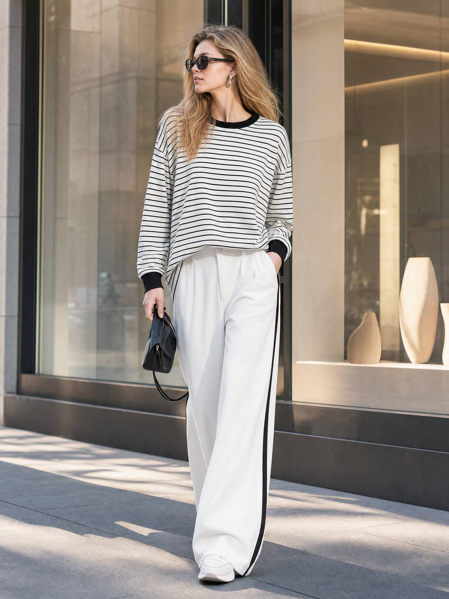 Black‑White Stripe Drop‑Shoulder Top Side‑Stripe Wide Leg Pants Set