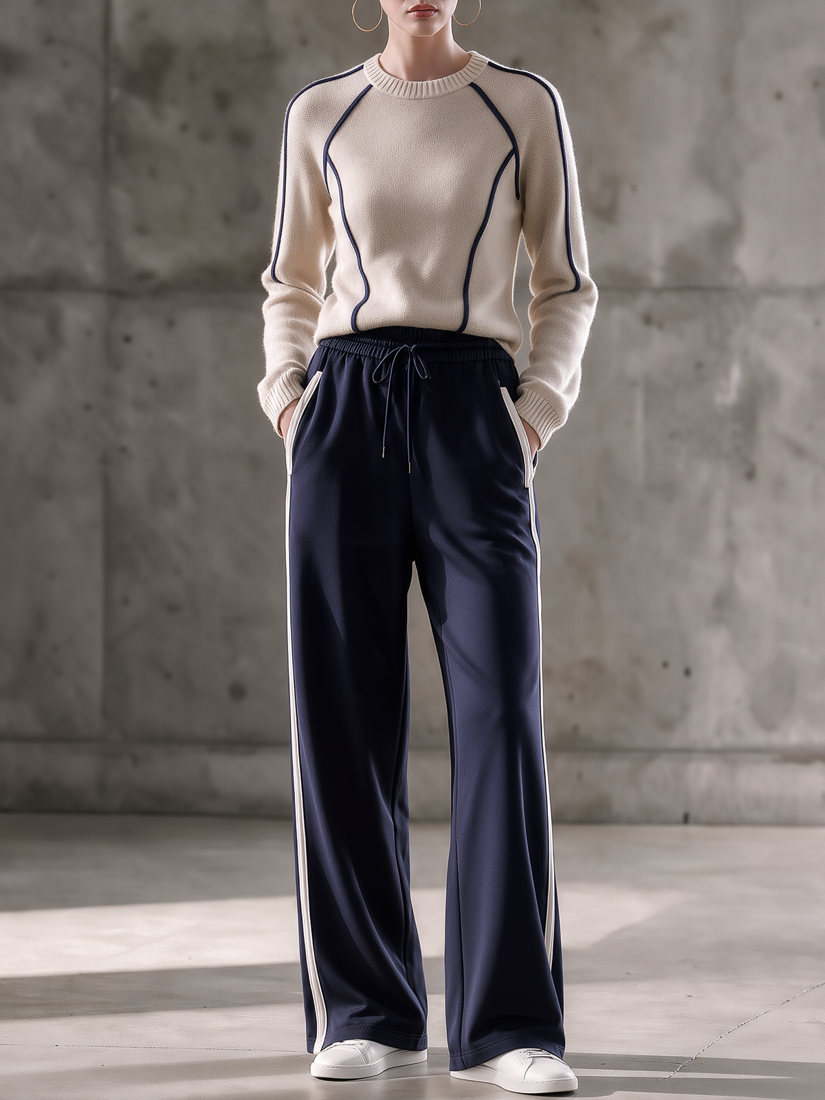 Cream Contrast Trim Knit Top & Navy Side Stripe Track Pants Set