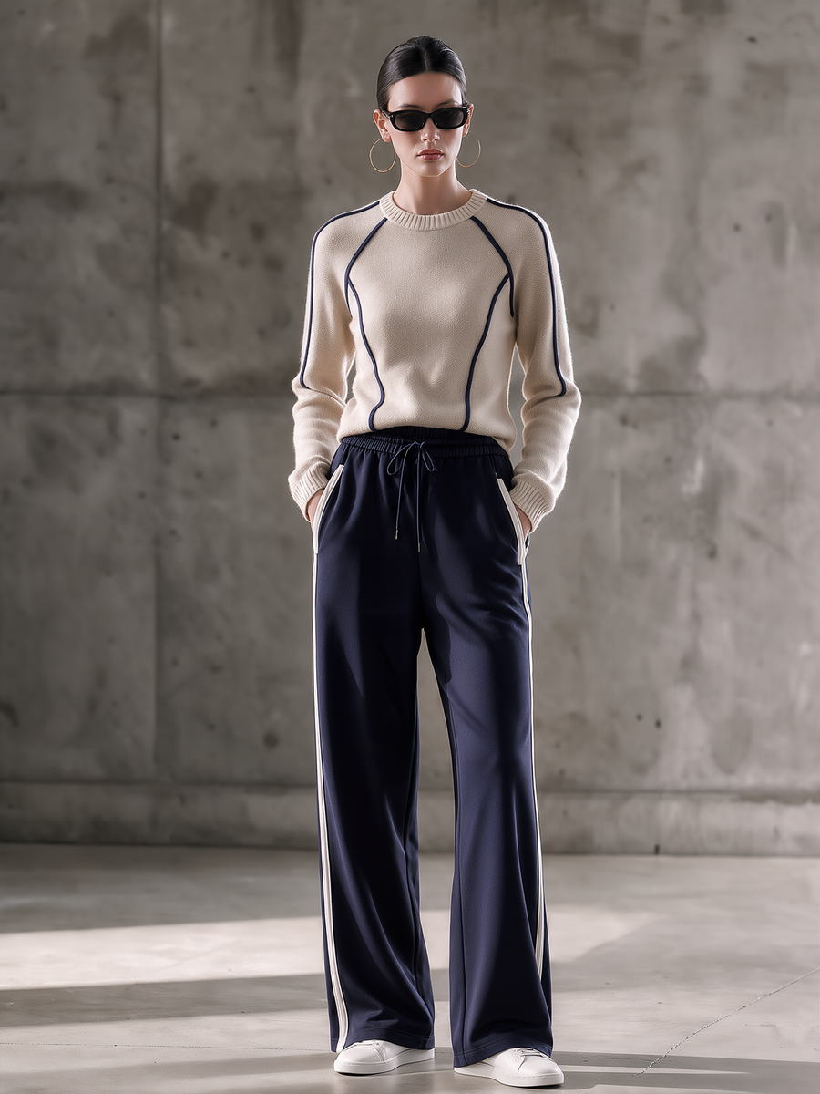 Cream Contrast Trim Knit Top & Navy Side Stripe Track Pants Set