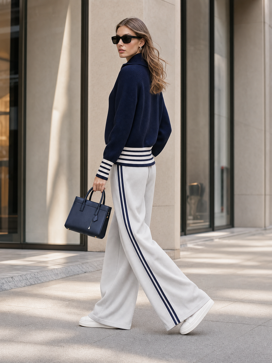 Navy Stripe Zip‑Up Knit Jacket Light Grey Side‑Stripe Wide Leg Pants Set