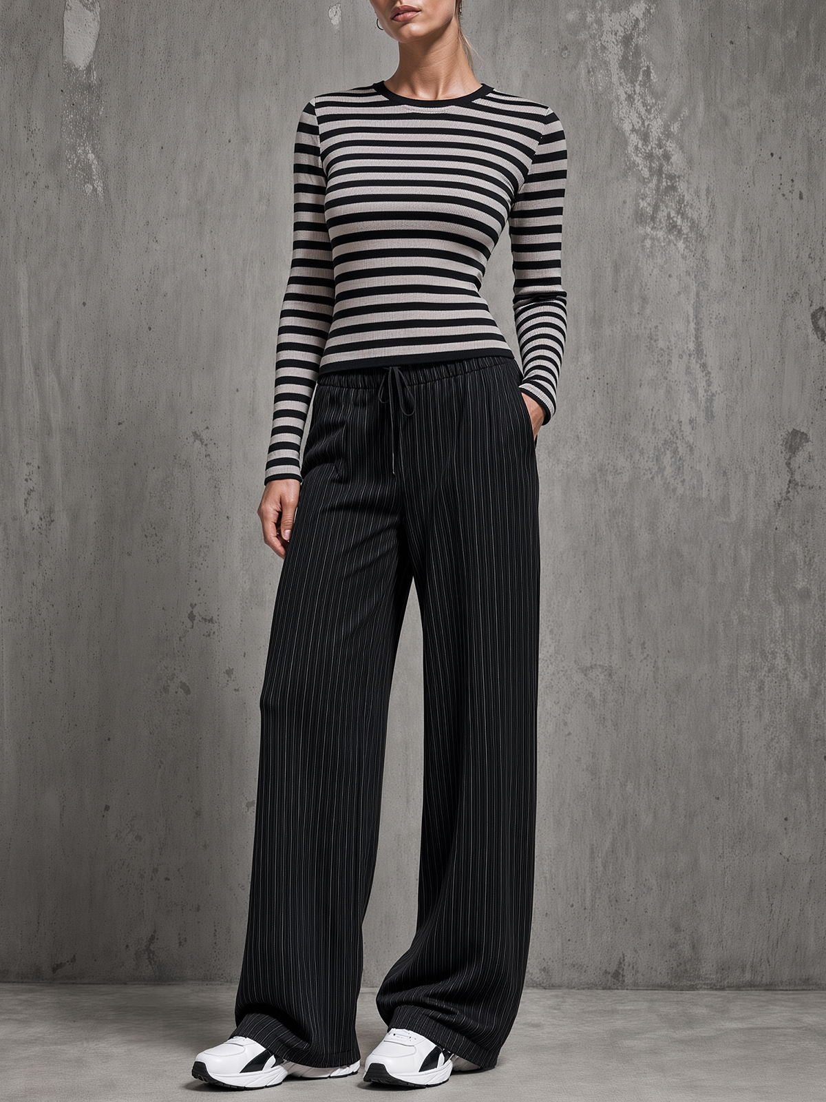 Striped Ribbed Knit Top & Black Pinstripe Wide-Leg Pants Set