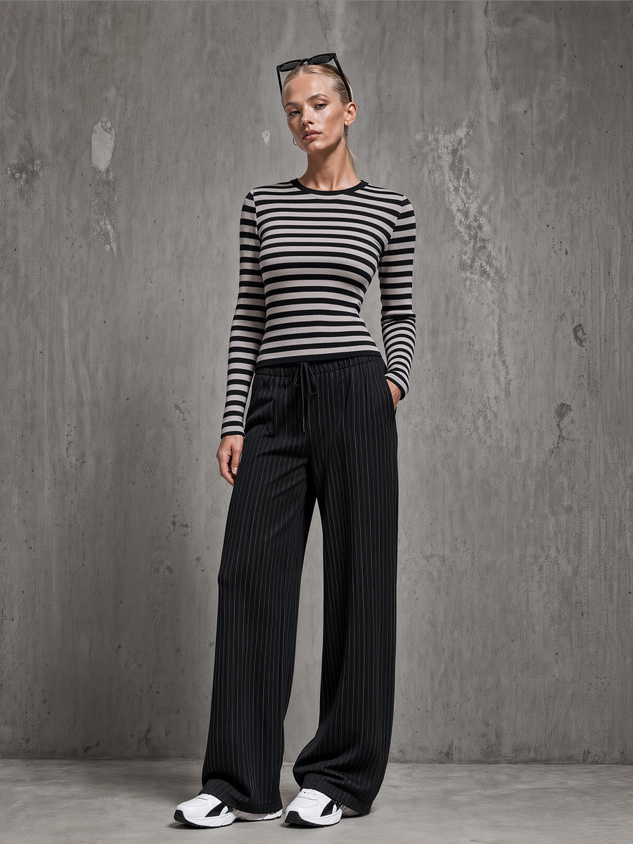 Striped Ribbed Knit Top & Black Pinstripe Wide-Leg Pants Set