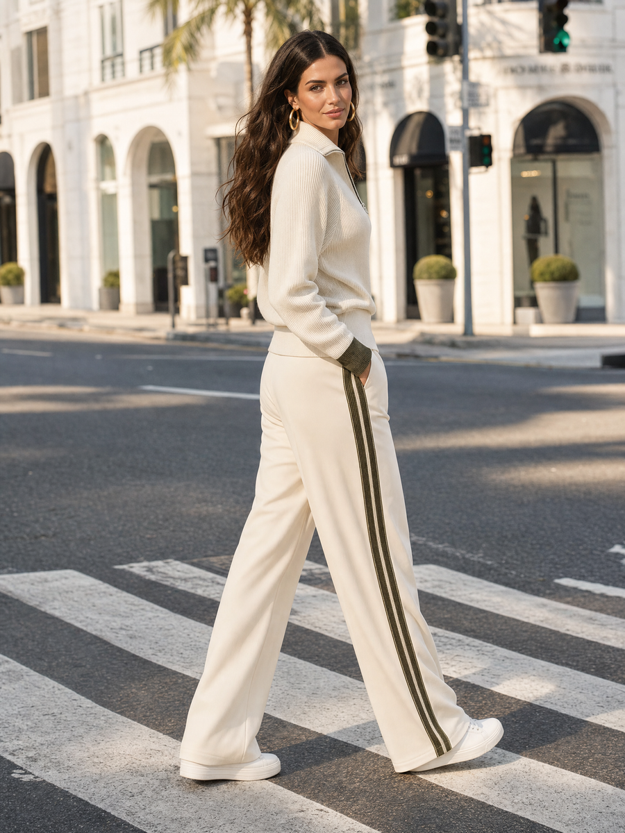 Beige Half-zip Knit Sweater And Suit Trousers With A Fluid Drape