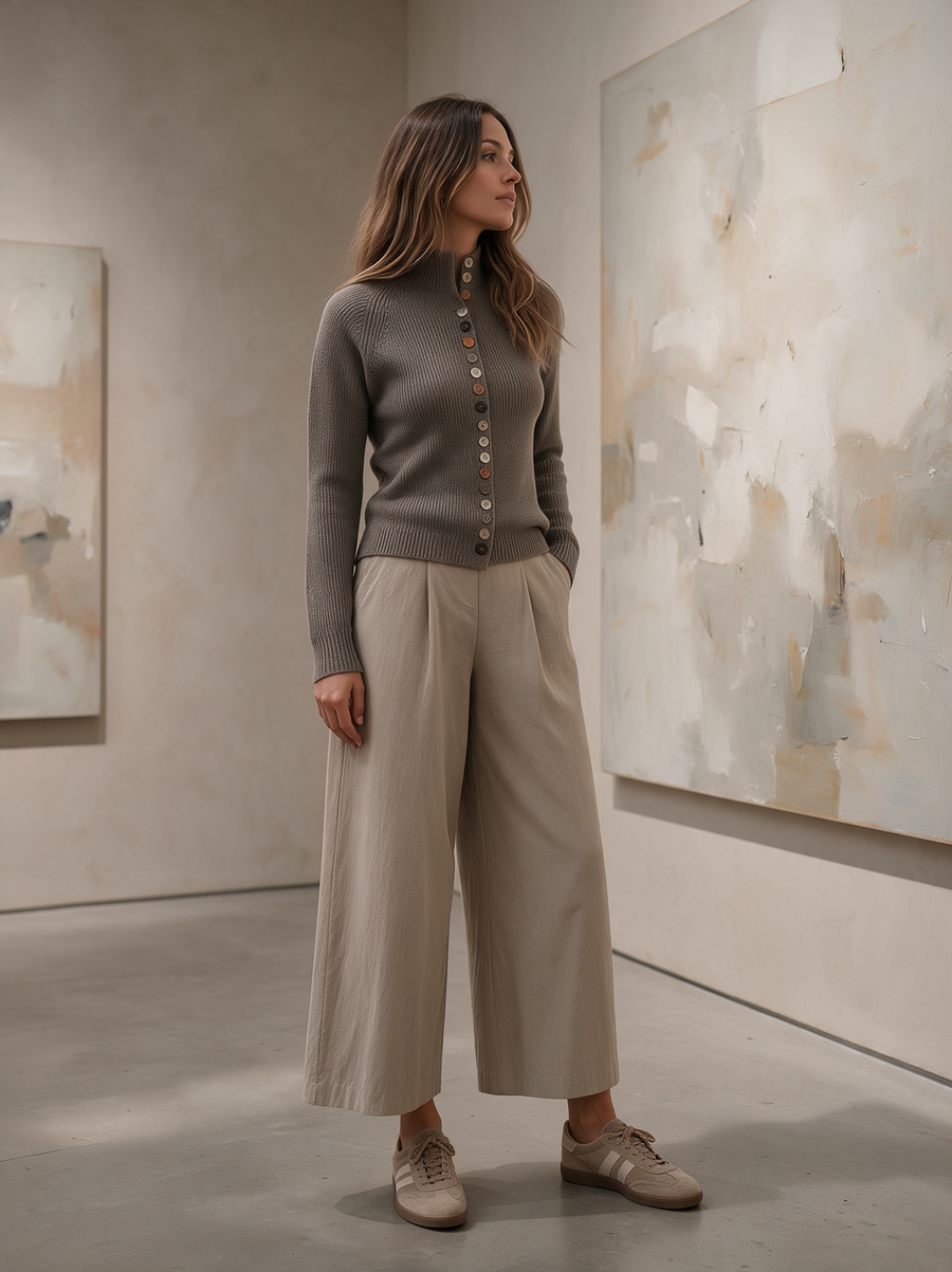 Grey Button-Front Knit Cardigan & Beige Wide-Leg Pants Set