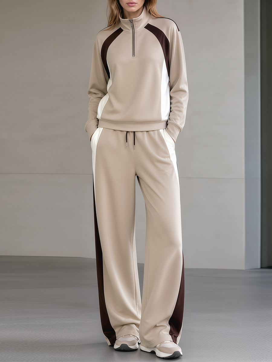 Khaki Brown‑White Color‑Block Half Zip Track Wide Leg Set