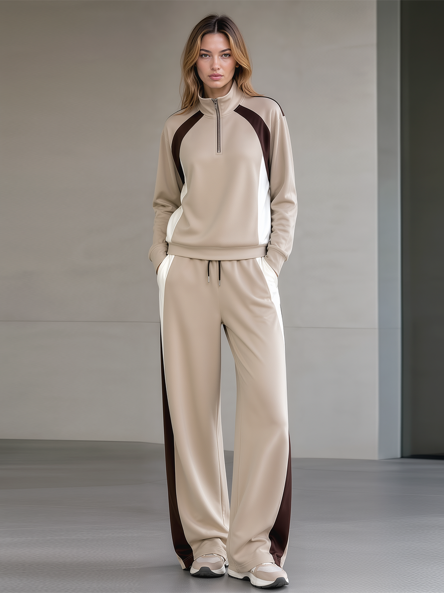 Khaki Brown‑White Color‑Block Half Zip Track Wide Leg Set