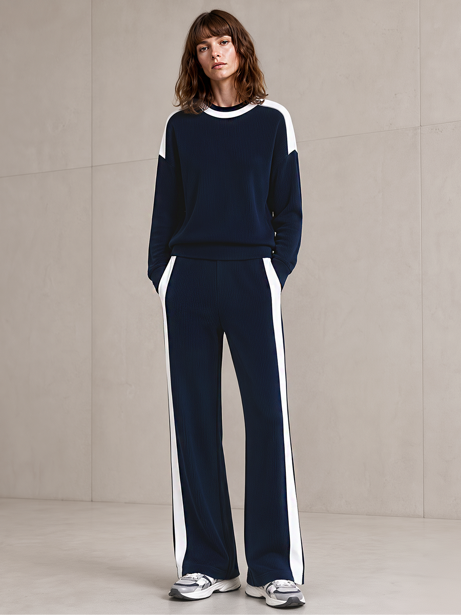 Navy & White Color‑Block Crew Neck Ribbed Knit Wide Leg Pants Set