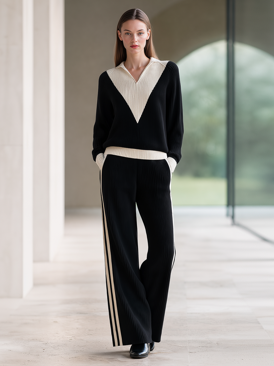 Black And Rice-white Color-block V-neck Knit Top And Wide-leg Trousers Set