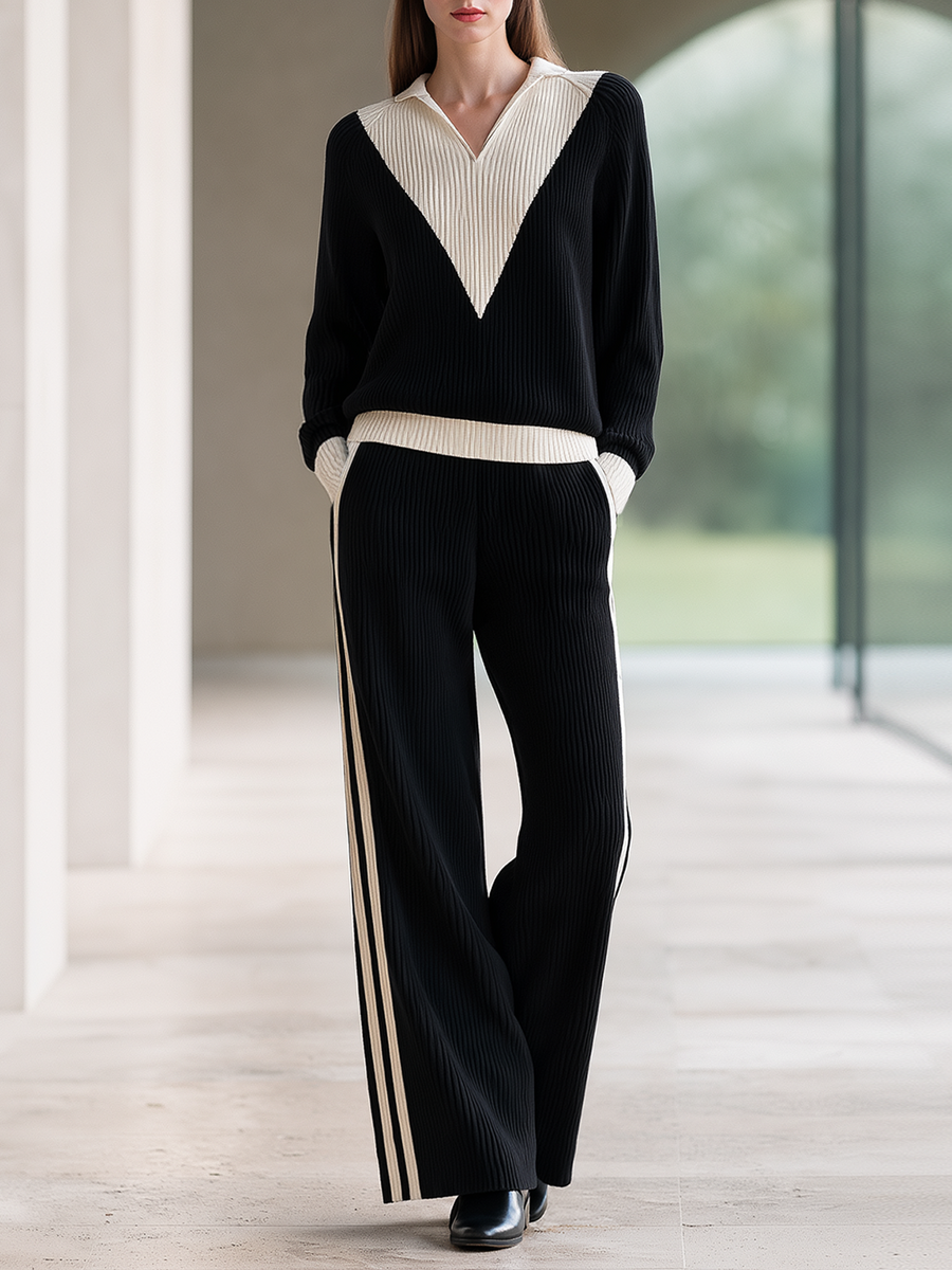 Black And Rice-white Color-block V-neck Knit Top And Wide-leg Trousers Set
