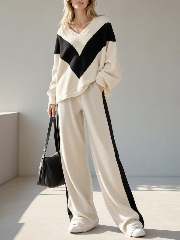 Stylish Casual Black And White Color-Block Long-Sleeve Sweater And Pants Set