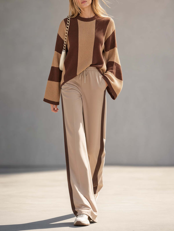Stylish Brown Color-Block Flare-Sleeve Sweater And Wide-Leg Pants Set